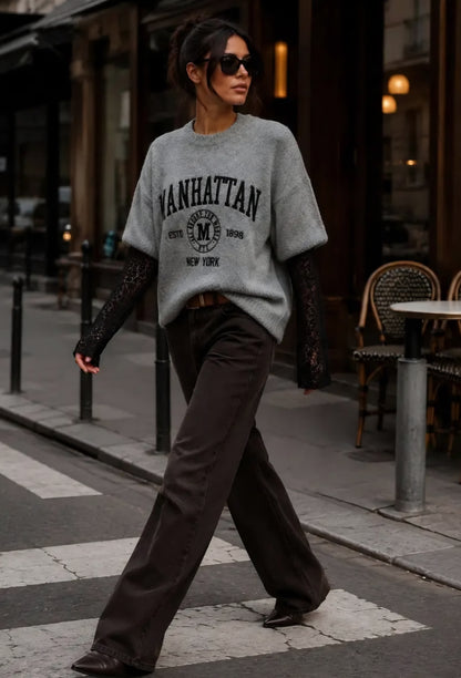Tröja med bouclé-effekt i Manhattan, Spetsarm Grå