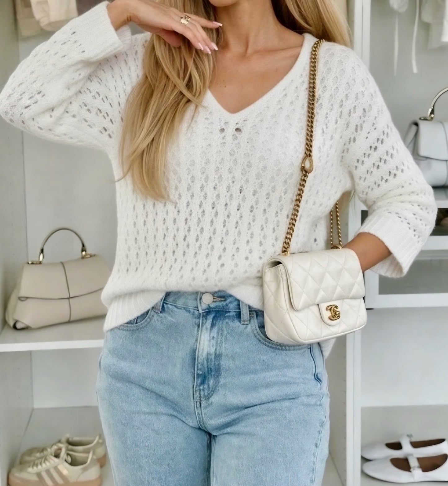 Stickad tröja V-ringad Vit