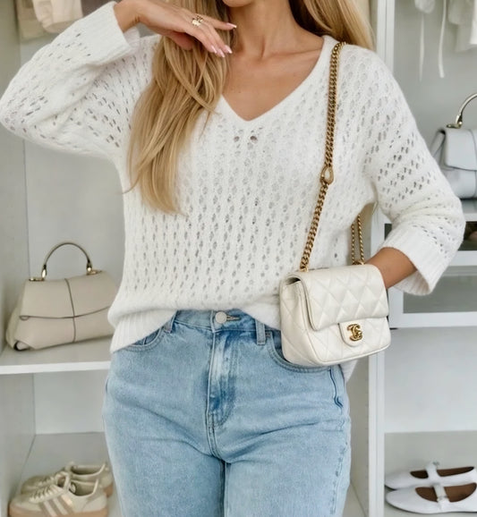 Stickad tröja V-ringad Vit