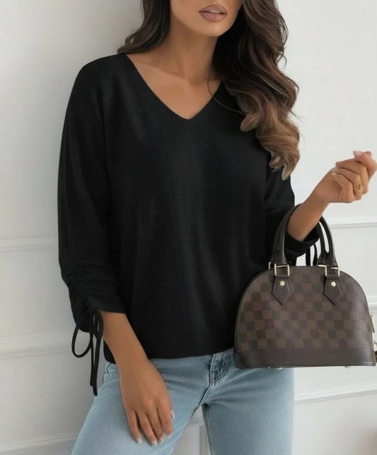 Blus med öppen V-ringning – Rynkade ärmar Svart