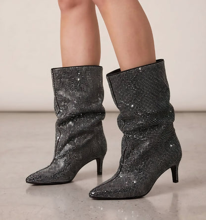 Slip-on ankelboots med lös effekt och strass, 5 cm hög klack