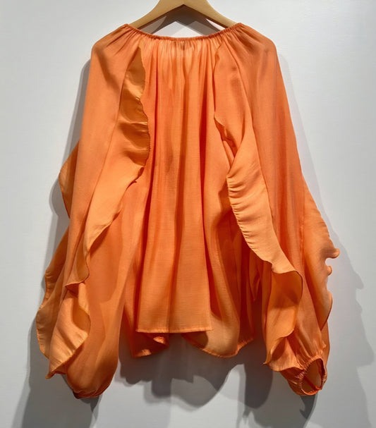 Långärmad blus med volang i lyocell Orange