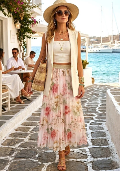 Plisserad maxikjol Flower Rosa