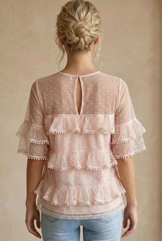 Volangprydd Plumetis Tyll med Pompom-kanter Rosa