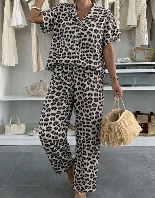 Set, Leopard byxor+Skjorta Svart