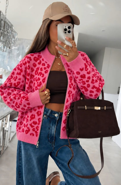 Leopardfärgad ullkofta med dragkedja Rosa