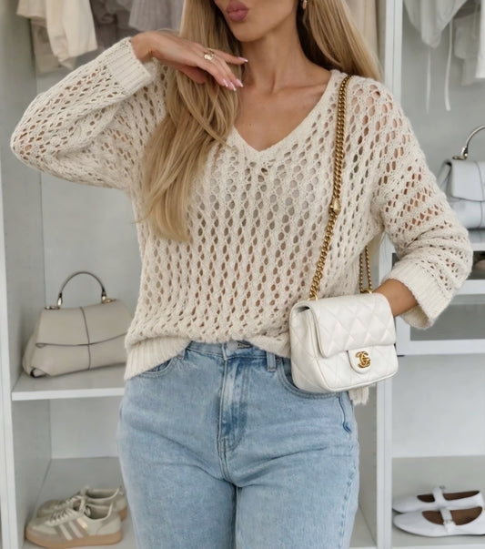 Stickad tröja V-ringad Beige