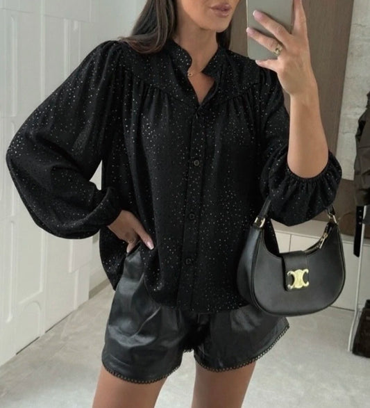 Paljettskjorta med viskosfoder och puffärmar Svart