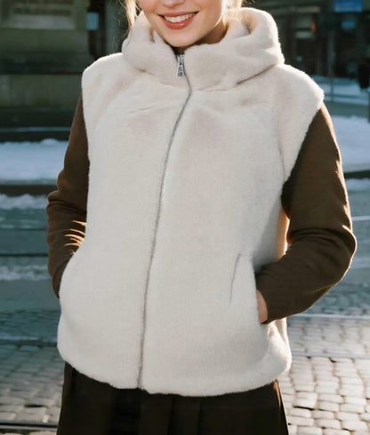 Fuskpälsväst med huva Offwhite