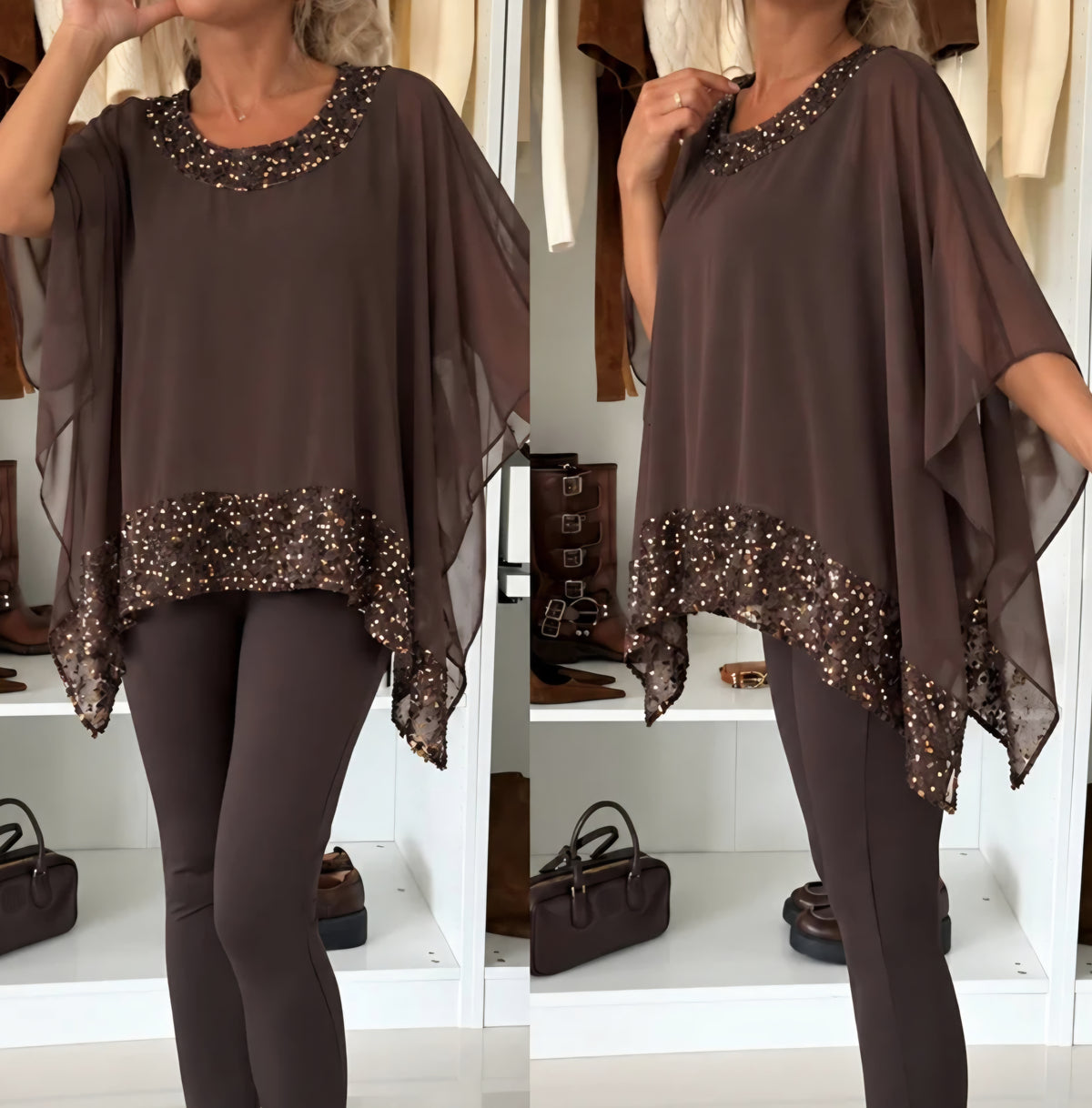 Blus chiffong, paljettdetaljer och viskosfoder Brun