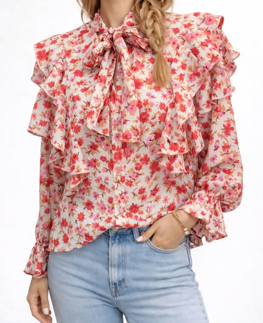 Blommig volangblus med rosett Röd