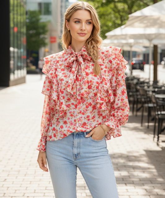 Blommig volangblus med rosett Röd