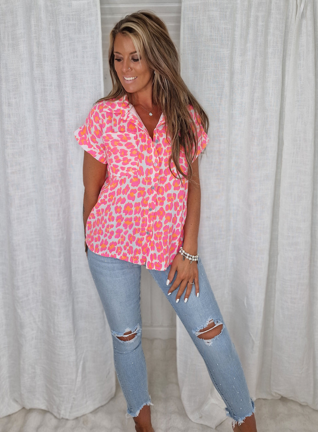 Bomullsblus Leopard Rosa