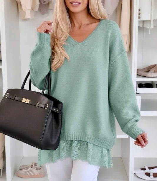 Stor v-ringad tröja med spets Mintgrön