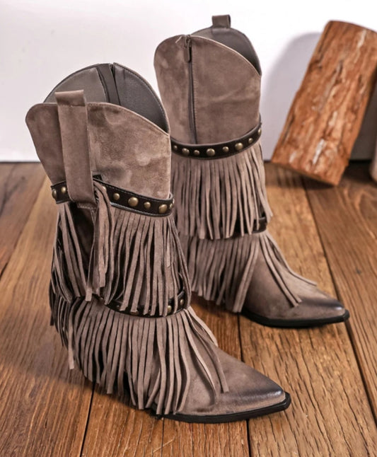 Fransiga cowboystövlar, avtagbara fransar Taupe