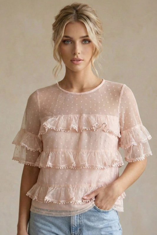 Volangprydd Plumetis Tyll med Pompom-kanter Rosa