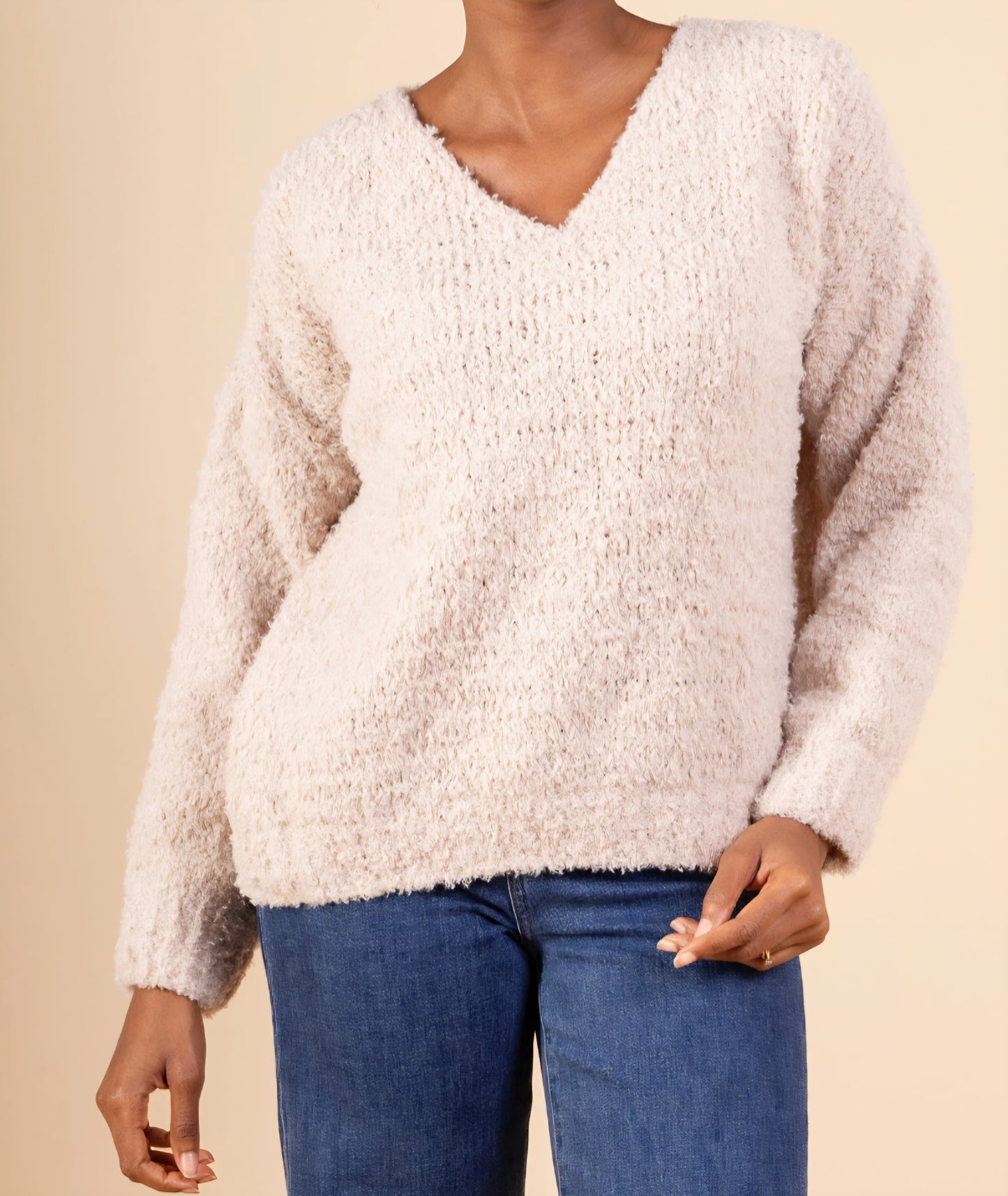 Bouclé tröja med V-ringad Beige