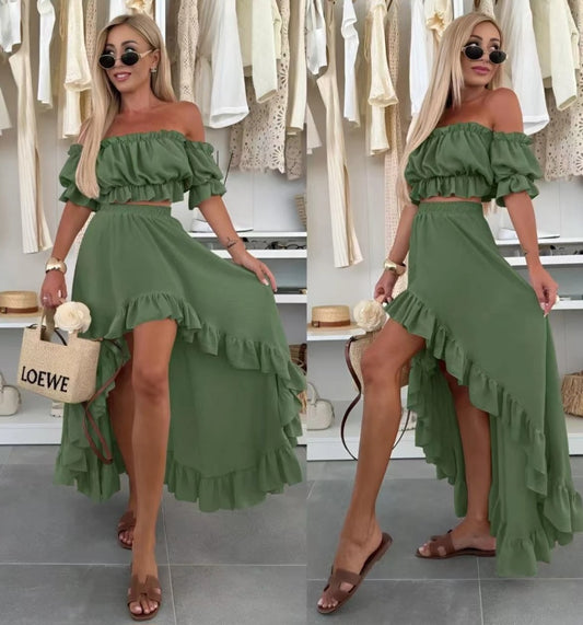 Viskos set med volangkjol och topp Grön