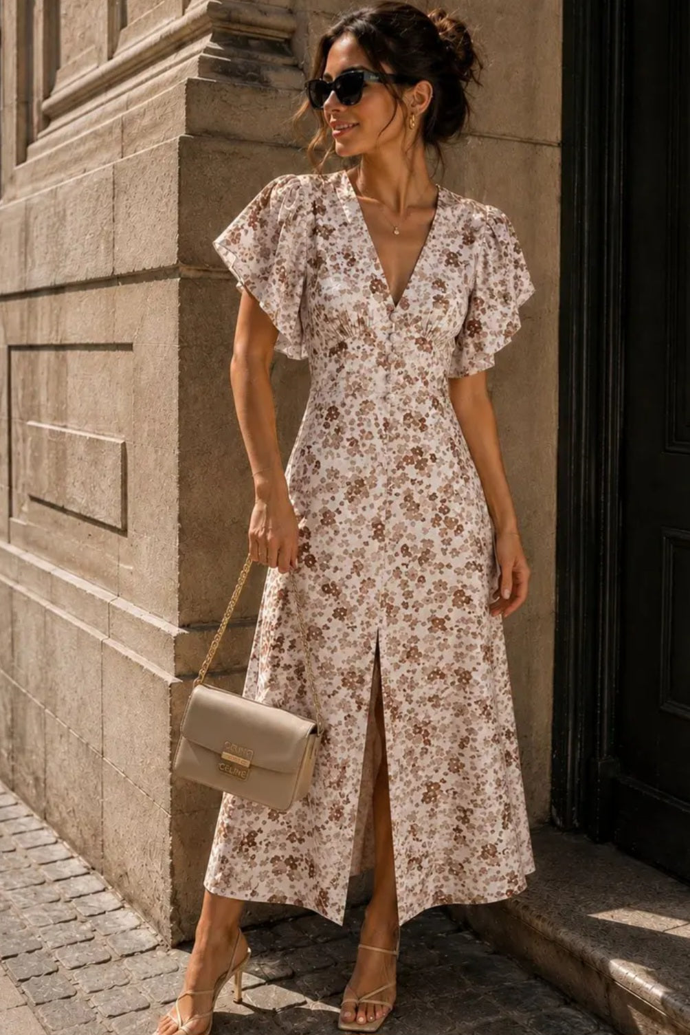 BLOMMIG LÅNG KLÄNNING Beige
