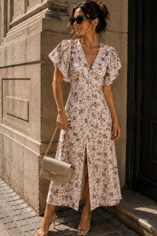 BLOMMIG LÅNG KLÄNNING Beige