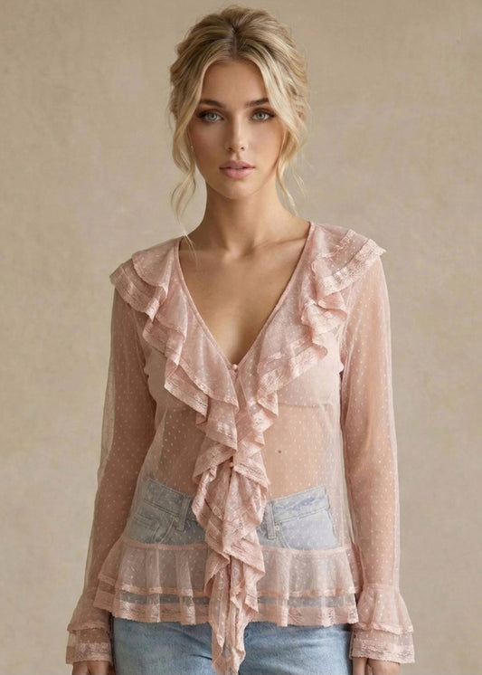 Blus – Prickig Tyll, Spetsvolanger Rosa