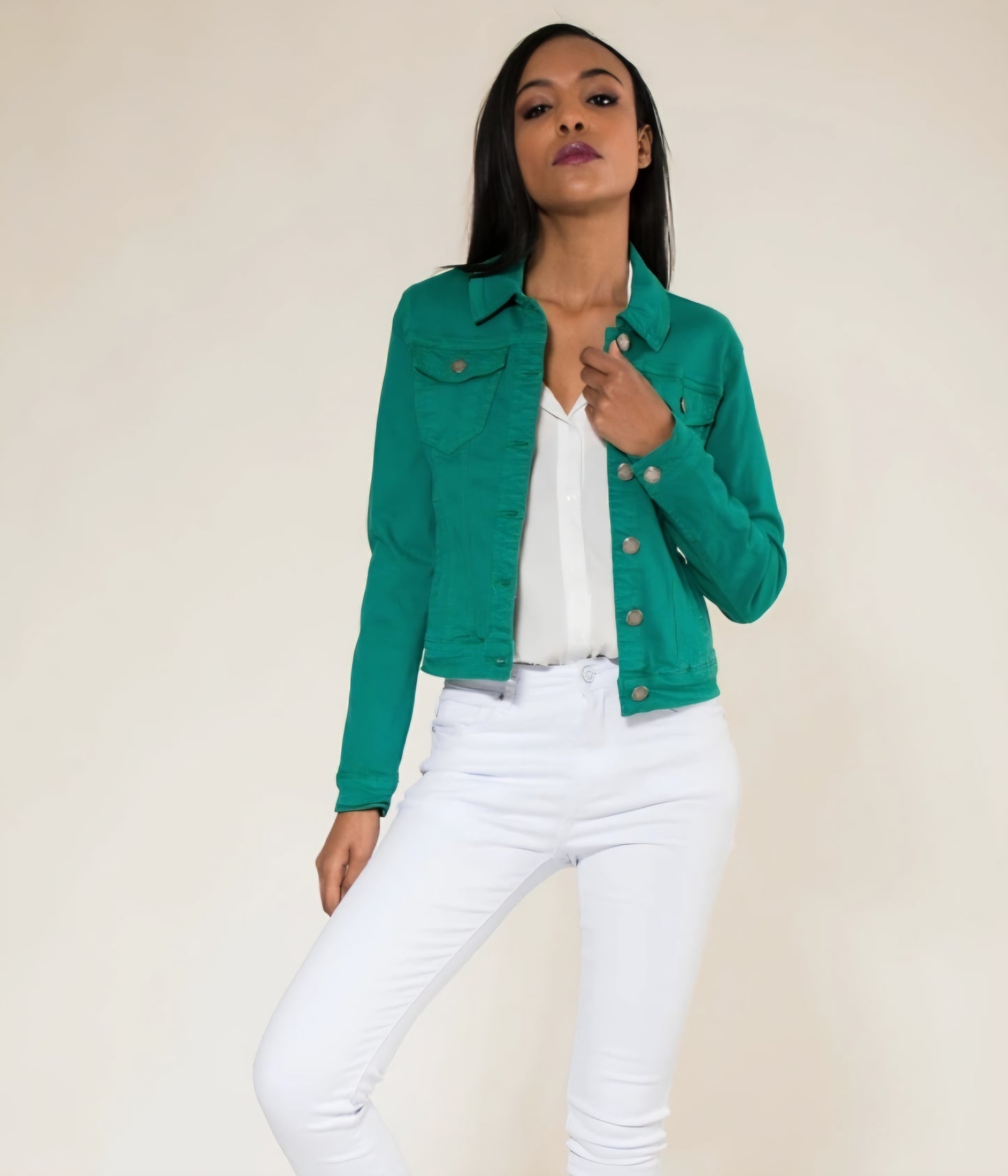 Klassisk stretch jeansjacka Gräsgrön