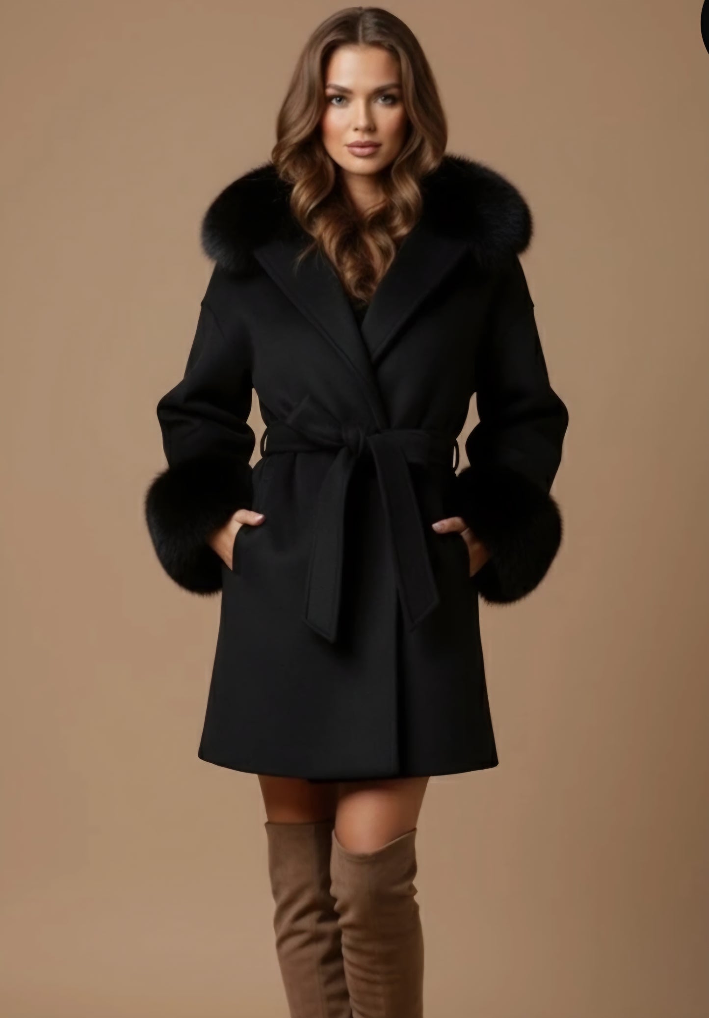 Kappa med fuskpäls och huva Svart