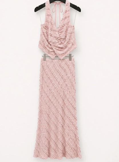 Elegant set lång kjol och knuten topp Rosa