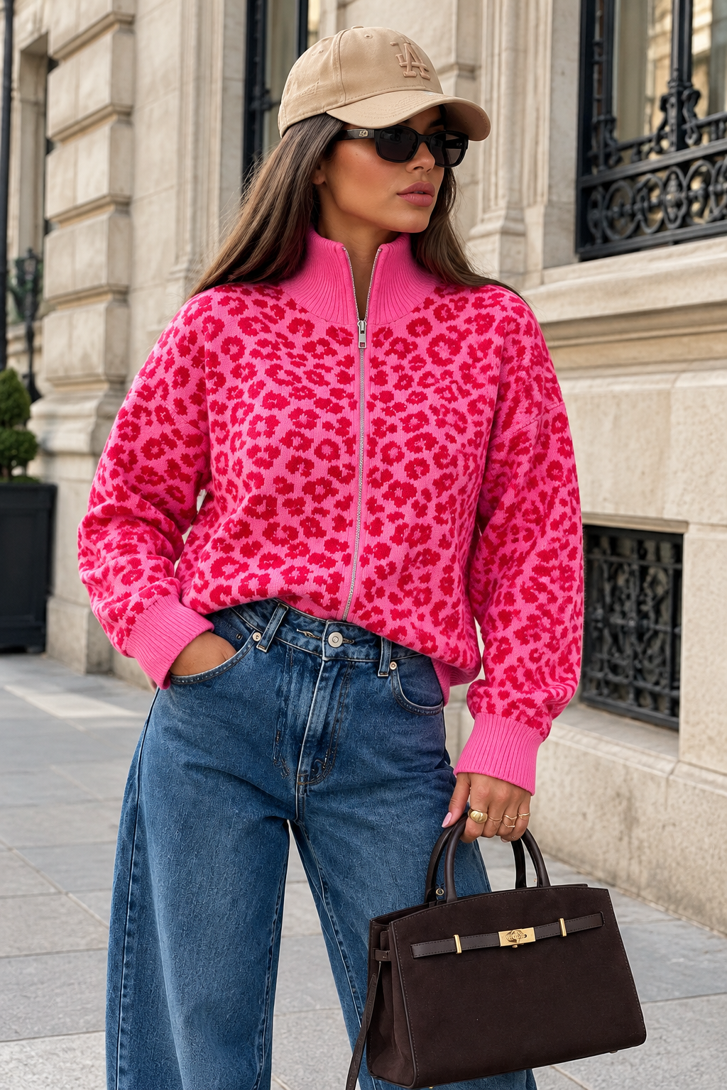 Leopardfärgad ullkofta med dragkedja Rosa