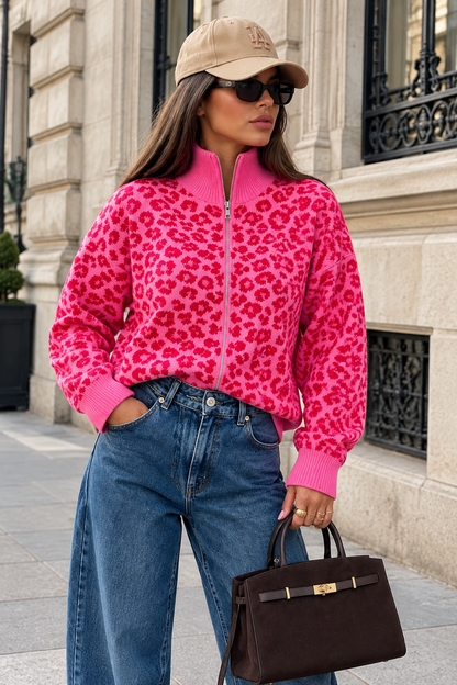 Leopardfärgad ullkofta med dragkedja Rosa