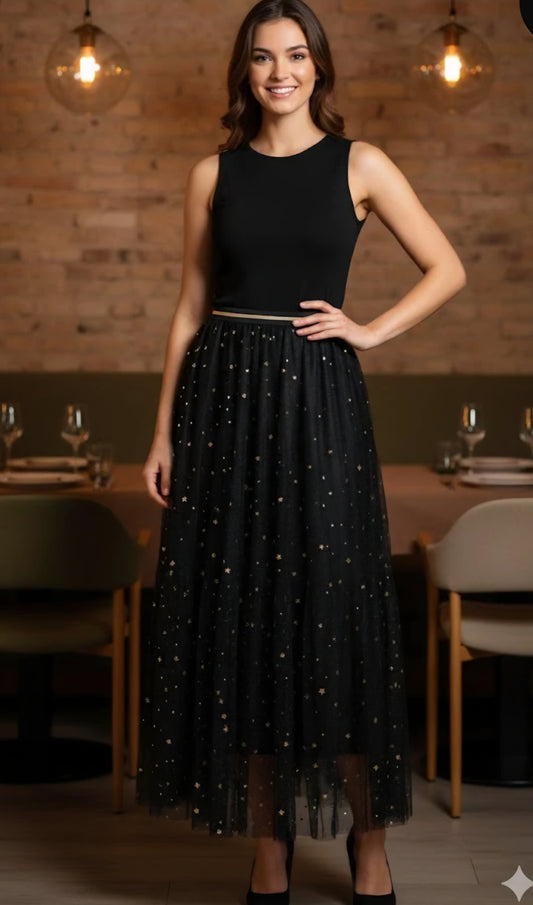 Mellanlång tyllkjol med stjärnor Svart