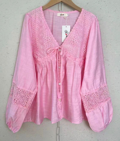 Blus med broderade detaljer Rosa