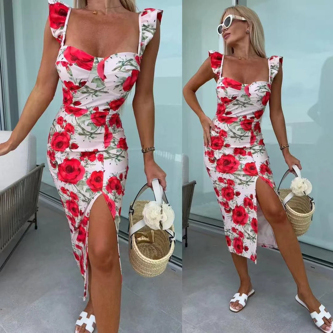 Lång klänning med blommigt tryck Rosa/Röd