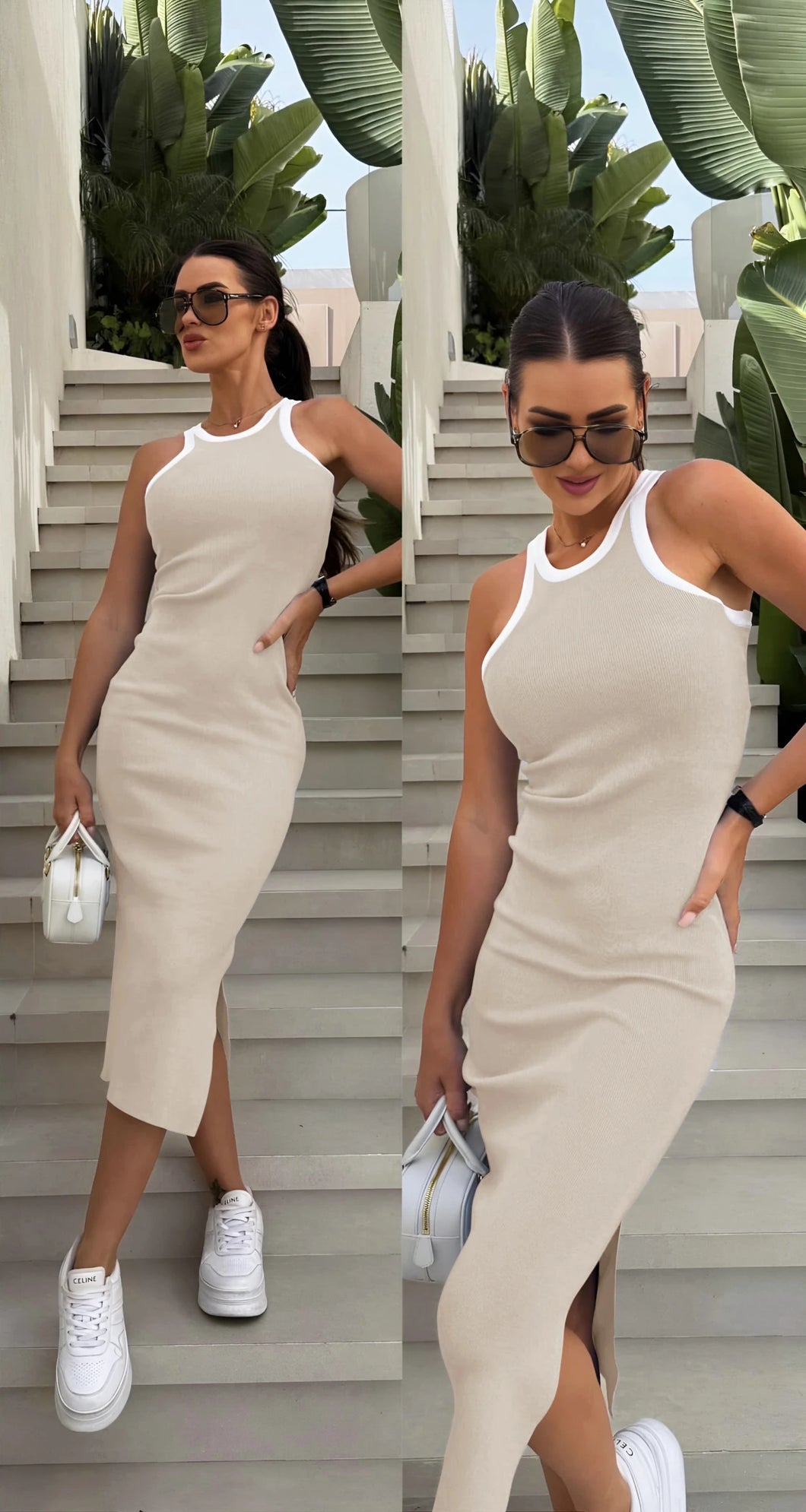 Elastisk tight klänning med vit kant, Beige