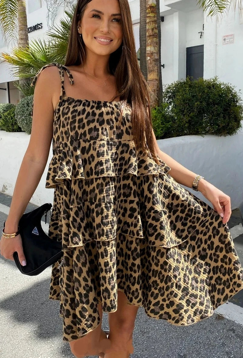 Klänning Volanger Leopard Brun
