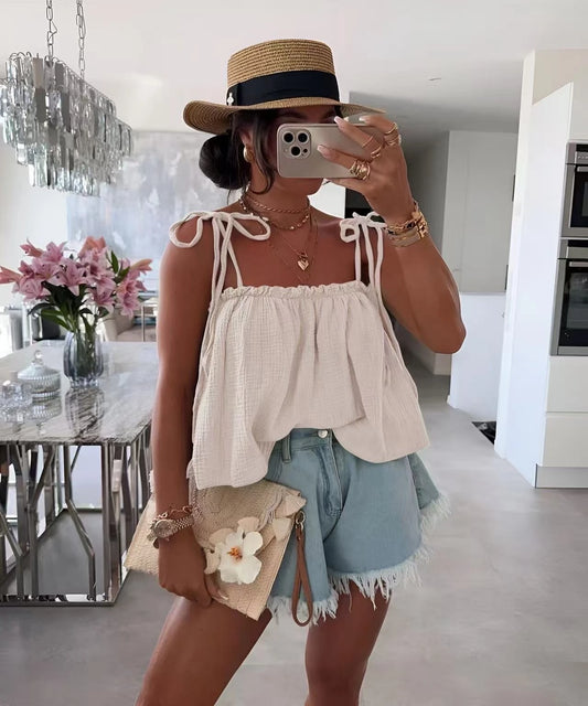 Topp med knytband Beige