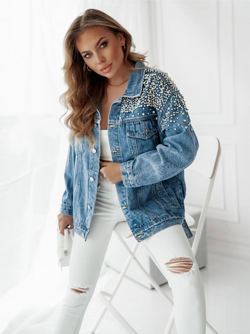Oversized denim jacket with pearls Black 
